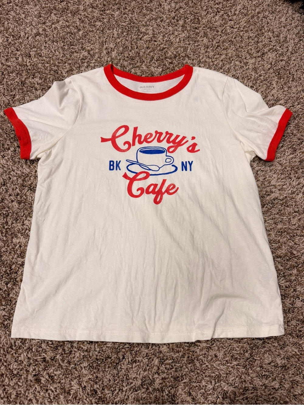 Old Navy White Tee with Red Trim and Blue Cherry’s Cafe Graphic - Picture 2 of 4